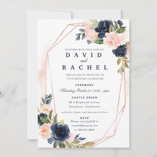 Trouwkaart Blush Navy Bloem Motief Kaart (Voorkant)