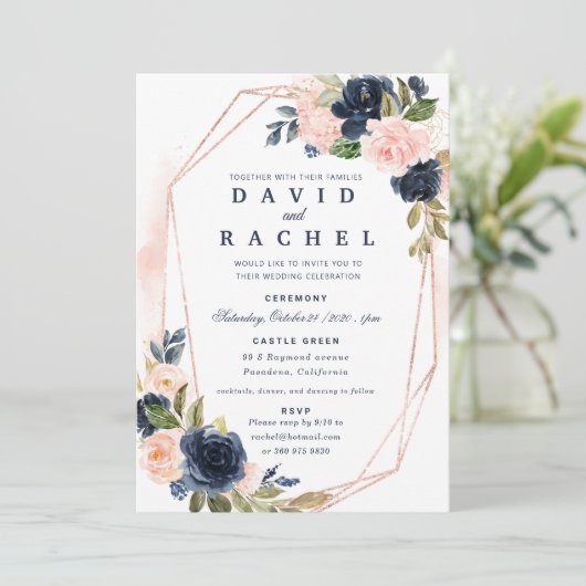 Trouwkaart Blush Navy Bloem Motief Kaart (Staand voorkant)