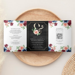 Trouwkaart Blush Navy Burgundy Bloemen Zwart QR Co Drieluik Uitnodiging