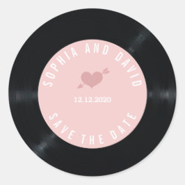 Trouwkaart Blush Retro Vinylplaat Opslag DE DATUM Ronde Sticker