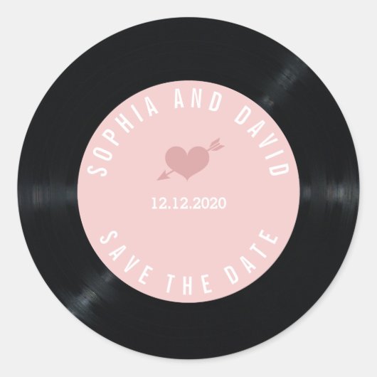 Trouwkaart Blush Retro Vinylplaat Opslag DE DATUM Ronde Sticker (Voorkant)