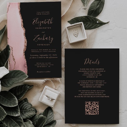 Trouwkaart Blush Rose Goud Agate Donker QR Code Kaart