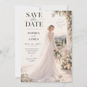 Trouwkaart Bruid op Tuinterras Save the Date Kaart