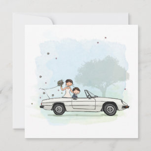 Trouwkaart bruidspaar in vintage Alfa Romeo Spider