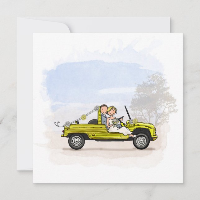 Trouwkaart bruidspaar in vintage Citroen Mehari (Voorkant)