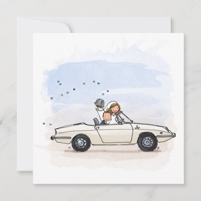 Trouwkaart bruidspaar in vintage Fiat 850 spider (Voorkant)