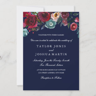 Trouwkaart Burgundy Navy Elegante Bloemen Kaart