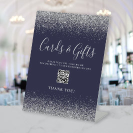 Trouwkaart cadeaus QR-code donkerblauw zilver Reclamebord Met Voetstuk