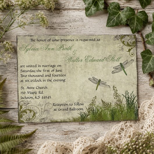 Trouwkaart Dragonfly Garden Vintage Kaart
