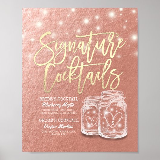 Trouwkaart Drankmenu Mason Jars Roze Goud Poster (Voorkant)