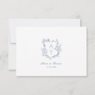 Trouwkaart Dusty Blue Wapenschild Monogram Details Kaart