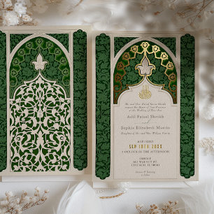 Trouwkaart Emerald Elegance Islamitische Kant Folie Uitnodiging