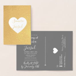 Trouwkaart en RSVP met grijze en gouden hart Folie Kaarten