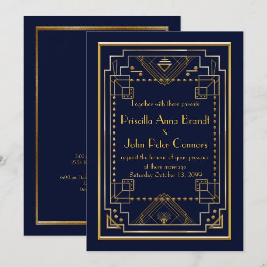 Trouwkaart, Great Gatsby, marineblauw, goud Kaart (Voorkant / Achterkant)