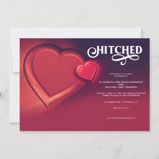 Trouwkaart Hitched, Two Hearts Rood Aankondiging (Voorkant)