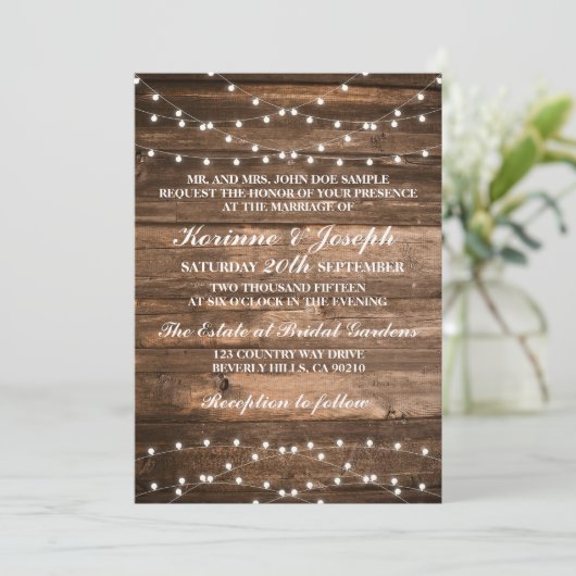 Trouwkaart hout en snoerlampjes kaart (Staand voorkant)