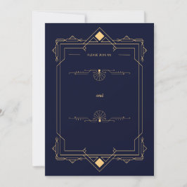 Trouwkaart in donkerblauwe en gouden Art Deco-stij Kaart