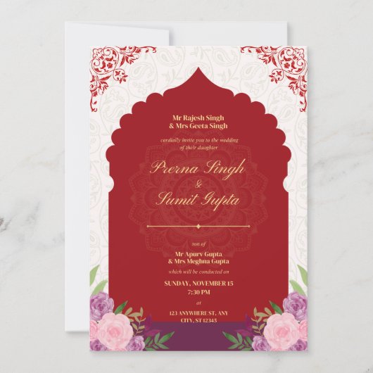 trouwkaart in maronkleur met gouden tekst kaart (Voorkant)