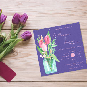 Trouwkaart in metselpot met bloemen in roze en paa magnetische uitnodiging