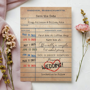 Trouwkaart in stijl van een vintage bibliotheek ui save the date