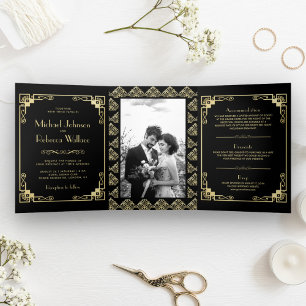 Trouwkaart in vintage Art Deco-stijl zwart en goud Drieluik Uitnodiging