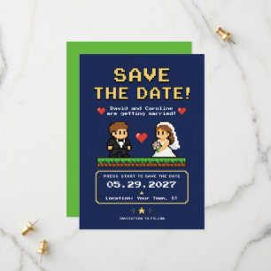 Trouwkaart in vintage videogame-pixelstijl save the date