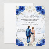 Trouwkaart Koninklijk Blauwe Bloemenrozen Kaart (Voorkant / Achterkant)