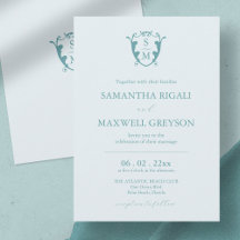 Trouwkaart met aanpasbaar monogram en lichte blauw