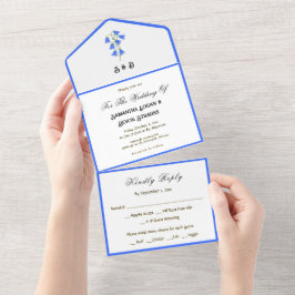 Trouwkaart met alle details en blauwe klokjes all in one uitnodiging