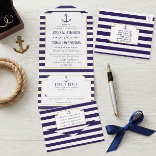 Trouwkaart met anker en marineblauwe en witte stre all in one uitnodiging