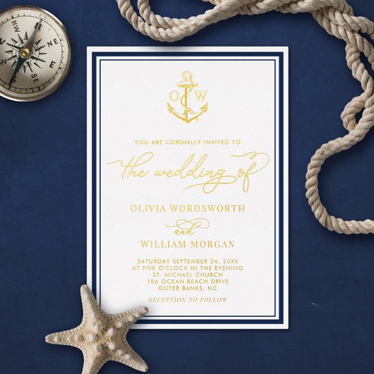Trouwkaart met anker en monogram in goud folie uitnodiging