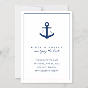 Trouwkaart met anker en monogram in marineblauw magnetische uitnodiging