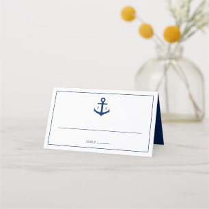 Trouwkaart met anker en monogram in marineblauw plaatskaartje