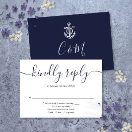 Trouwkaart met anker-monogram in marineblauw RSVP kaartje