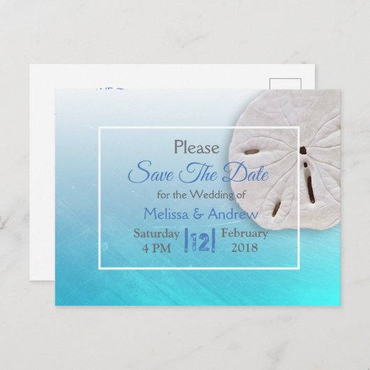 Trouwkaart met Aqua Blauwe Zanddollar Thema Aankondigingskaart (Voorkant / Achterkant)