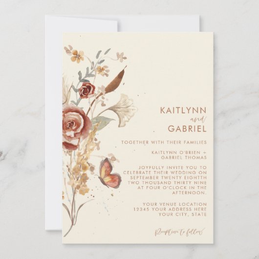 Trouwkaart met aquarel wilde bloemen in terracotta kaart (Voorkant)