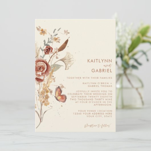 Trouwkaart met aquarel wilde bloemen in terracotta kaart (Staand voorkant)