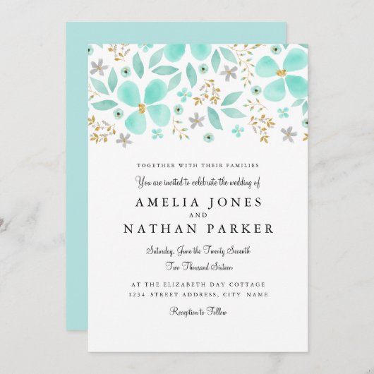 Trouwkaart met bladgoud en muntblad kaart (Voorkant / Achterkant)