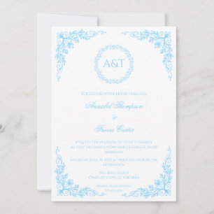 Trouwkaart met blauwe bloemen en monogram in elega