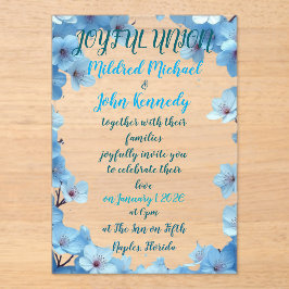 trouwkaart met blauwe bloemen voor een vreugdevoll acryl uitnodigingen