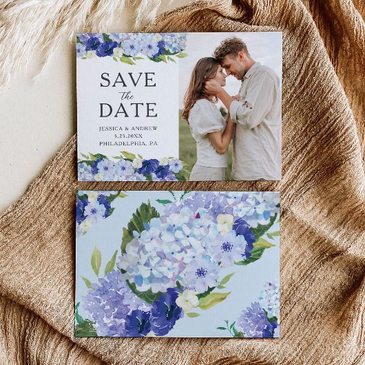 Trouwkaart met blauwe hortensia 'Save the Date' Save The Date