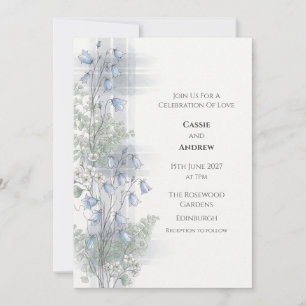 Trouwkaart met blauwe klokjes bloemen tartan kaart