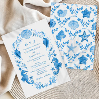 Trouwkaart met Blauwe Kust Waterverf Elegantie Kaart