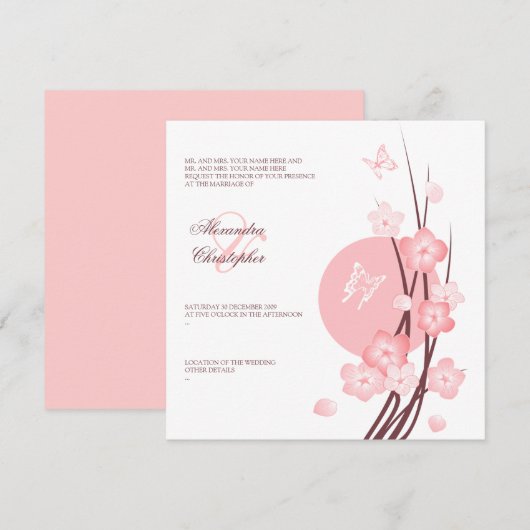 Trouwkaart met bloeiende bloemen en vlinders kaart (Voorkant / Achterkant)