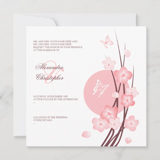 Trouwkaart met bloeiende bloemen en vlinders kaart (Voorkant)