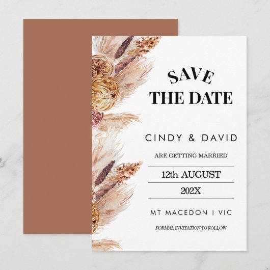 Trouwkaart met bloemendecor en Pampasgras Save The Kaart (Voorkant / Achterkant)