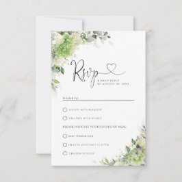 Trouwkaart met bloemige hortensia's en maaltijdkeu RSVP kaartje