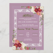 Trouwkaart met bloemige lila roze uitnodiging voor (Voorkant / Achterkant)