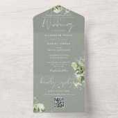 Trouwkaart met bloemige saliegroene QR-code All In One Uitnodiging (Binnen)