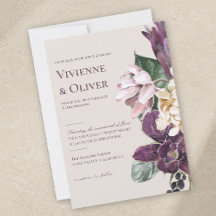 Trouwkaart met bloemmotief en pruimkleurige orchid
